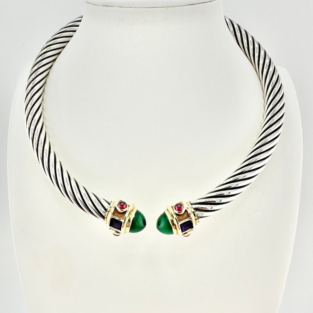 David Yurman Renaissance Choker Cable Necklace w/ Green Onyx, Amethyst & Gold